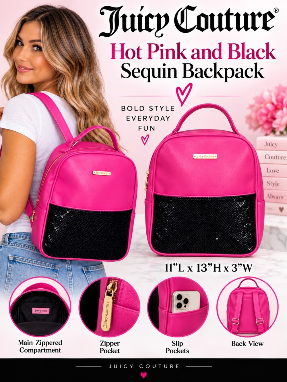 Juicy Couture Hot Pink and Black Sequin Backpack.